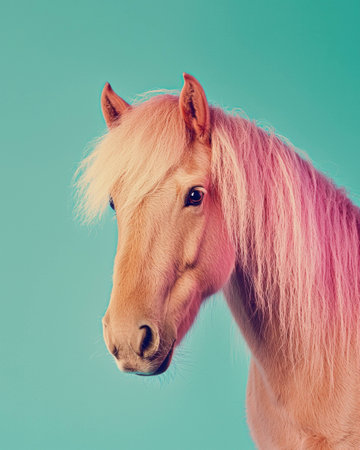 Beautiful blonde horse with a flowing mane on a vibrant turquoise background, exuding elegance and grace. Animal portrait showcasing the horses gentle expression.の素材