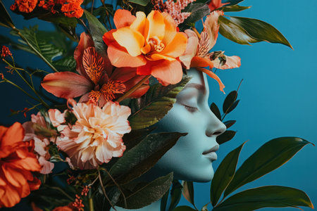 Serene blue sculpture with floral headdress featuring vibrant orange and pink flowers against a bright blue background. Art and nature concept.の素材