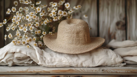 Stylish straw hat placed on a linen cloth with delicate flowers in the background, evoking a calm and natural summer vibe.の素材