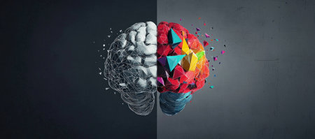 Abstract illustration depicting the contrast between a monochromatic side of a brain and a colorful geometric side, representing creativity and logic.の素材