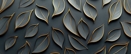 Elegant leaves pattern with a dark background, featuring subtle golden outlines highlighting the intricate design of each leaf. Aesthetic and artistic decor concept.の素材