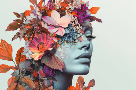 Elegant female mannequin with a floral headdress, featuring vibrant flowers and leaves, creating a unique and artistic image. Concept of beauty and nature.の素材