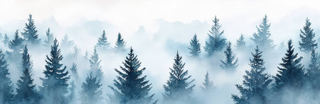 Serene misty forest landscape with tall evergreen trees emerging from the fog, creating a tranquil and mysterious atmosphere. Nature and wilderness concept.の素材