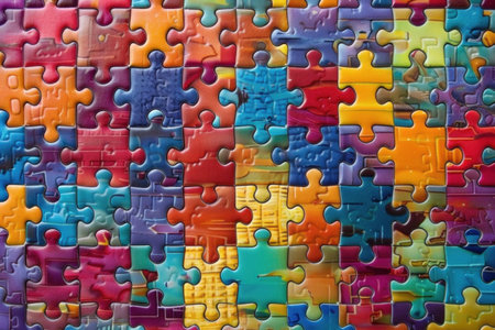 Colorful jigsaw puzzle pieces laid out together, displaying various vibrant colors and intricate designs. Perfect for concepts of creativity and problem-solving.の素材