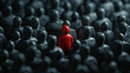 Red figure standing among black figures, symbolizing individuality and standing out in a crowd. Concept of uniqueness and identity in society.の素材