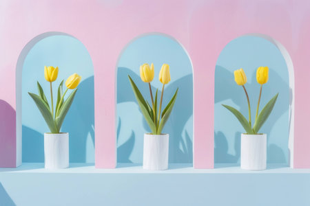 Bright yellow tulips in white vases arranged in arches against a pastel blue and pink background, creating a cheerful and fresh display.の素材