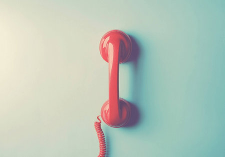 Vintage red telephone hanging on a pastel blue wall, symbolizing communication and nostalgia in a modern setting. Bright color contrast adds visual interest.の素材