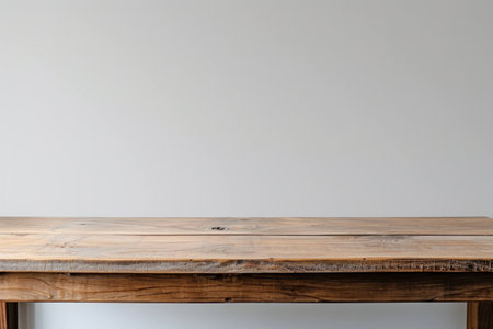 Rustic wooden table against a minimalist gray background, perfect for showcasing home decor or lifestyle products. Ideal for interior design concepts.の素材