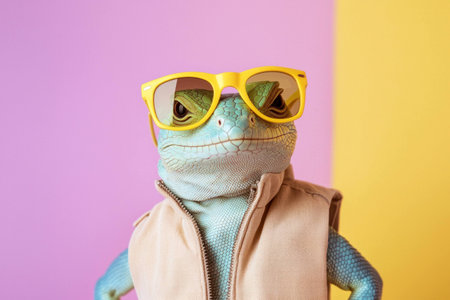 Cool lizard wearing yellow sunglasses and a vest, posing confidently against a colorful pink and yellow background. Fun and quirky animal portrait concept.の素材