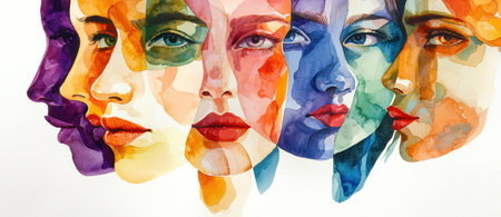 Colorful abstract watercolor portrait of diverse women with different facial expressions showing emotions and beauty. Art and creativity concept.の素材