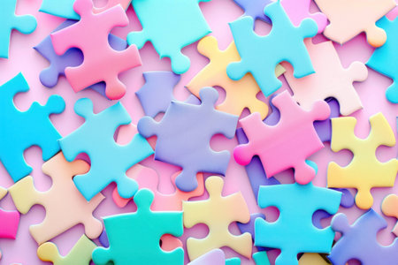 Colorful pastel puzzle pieces scattered on a soft surface, creating a playful and creative atmosphere. Ideal for concepts of teamwork and problem-solving.の素材