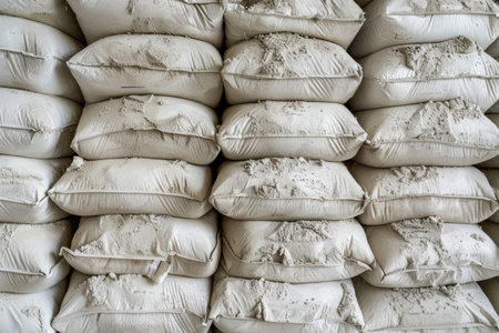 Stacked white sacks of flour in a warehouse, dust and powder visible on surfaces, showcasing abundant storage. Industrial food supply concept.の素材