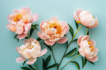 Soft pink peonies arranged beautifully on a pastel blue background, showcasing their delicate petals and vibrant yellow centers. Floral beauty and elegance concept.の素材