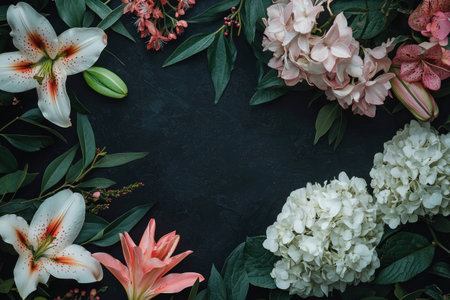 Beautiful arrangement of various flowers and green leaves creating a romantic and calming atmosphere on a dark background. Floral decor concept.の素材