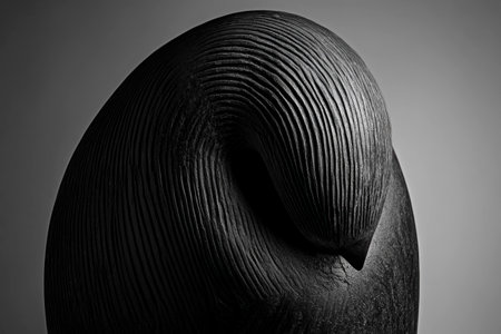 Abstract black sculpture resembling a bird with textured surface, symbolizing peace and introspection. Minimalist design with smooth curves enhancing its artistic appeal.の素材