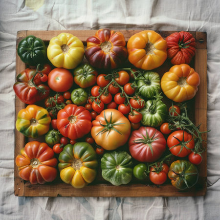 Colorful assortment of fresh tomatoes arranged on a wooden tray, showcasing vibrant reds, greens, yellows, and oranges. Organic produce and healthy eating concept.の素材