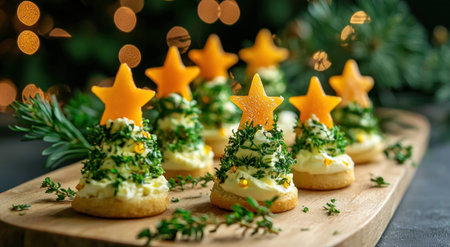 Festive appetizers shaped like Christmas trees, decorated with cheese, herbs, and bright star toppings. Perfect for holiday celebrations and gatherings.の素材