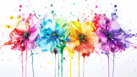 Vibrant watercolor flowers displaying a range of colors, creating a lively and artistic floral arrangement with splashes of paint.の素材