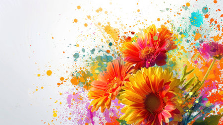 Colorful abstract painting with vibrant flowers and splashes of paint creating a lively and cheerful atmosphere, perfect for springtime decoration.の素材