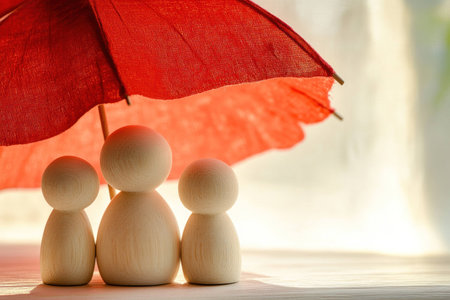 Family of wooden figures standing together under a vibrant red umbrella, symbolizing protection and unity against challenges. Warm and inviting atmosphere.の素材
