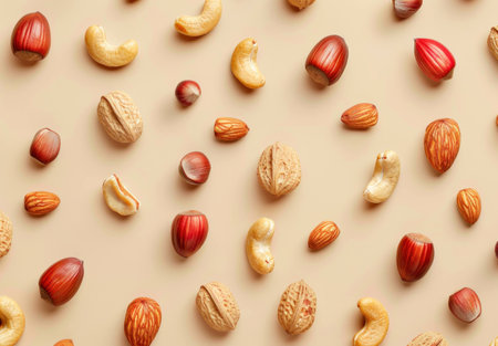 Assorted nuts arranged on a beige background, showcasing a variety of textures and colors. Healthy snack concept with diverse nuts like almonds and cashews.の素材