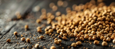 Close-up of a scattered pile of coriander seeds on a rustic wooden surface, highlighting texture and color variations. Cooking and seasoning concept.の素材