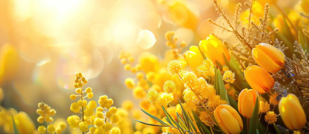 Bright yellow spring flowers blooming in a field, capturing the essence of warmth and renewal. Natures beauty and vibrant colors blend perfectly together.の素材