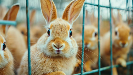 Group of adorable brown rabbits peering through a wire fence, showcasing their curious expressions and fluffy fur. Cute animal concept in a farm setting.の素材
