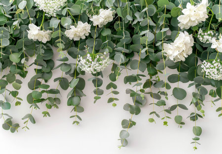 Green eucalyptus leaves and white flowers arranged in a beautiful decorative hanging display, creating a fresh and calming atmosphere. Perfect for nature-inspired themes.の素材
