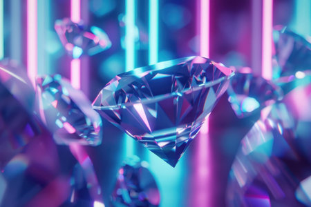 Colorful glowing diamonds in abstract background, showcasing brilliance and sparkle with vibrant neon lights illuminating the scene.の素材