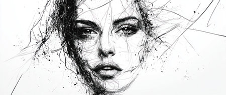Black and white artistic portrait of a woman with abstract lines and textures, conveying emotion and depth through expressive brushwork and intricate details.の素材