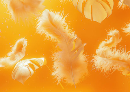 Delicate white feathers elegantly floating in a vibrant orange background, creating a serene and whimsical atmosphere. Perfect for decorative and nature-themed projects.の素材
