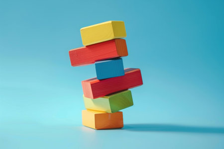 Colorful building blocks stacked on top of each other, creating a playful balance against a bright turquoise background. Concept of creativity and childhood play.の素材