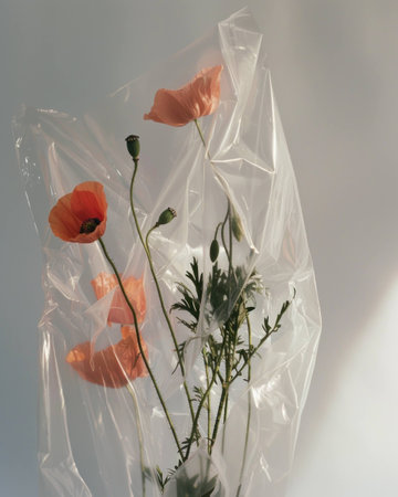 Delicate orange flowers wrapped in transparent plastic, creating an elegant and fresh atmosphere. Perfect for floral design and nature themes.の素材