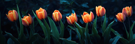 Beautiful orange tulips blooming in a dark garden, showcasing vibrant colors against a lush green background. Nature and floral beauty concept.の素材