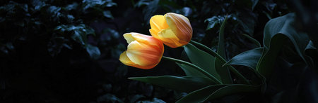 Beautiful yellow tulips blooming in dark background, showcasing natures elegance and the vibrancy of spring flowers. Floral art and garden concept.の素材