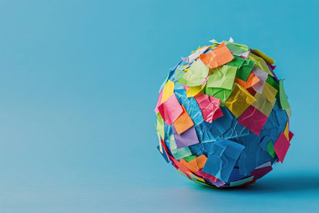 Colorful globe made of crumpled paper notes, symbolizing global communication and diverse ideas on a blue background. Creativity and innovation concept.の素材