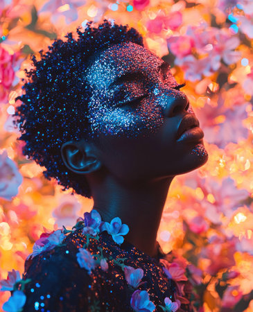 Beautiful African woman with glitter makeup posing against a vibrant floral backdrop, showcasing creativity and artistic expression in fashion photography.の素材