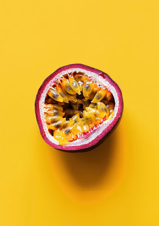 Fresh and vibrant passion fruit cut in half, showcasing bright yellow pulp and seeds. Tropical fruit and healthy eating concept.の素材