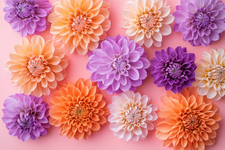 Colorful paper flowers in various shades arranged on a pastel pink background, creating a vibrant and cheerful decorative display.の素材