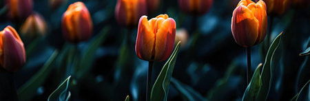 Close-up view of vibrant orange tulips in a dark field, showcasing the rich colors against a moody background. Nature and floral beauty concept.の素材