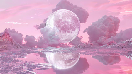Dreamy surreal landscape with a giant pink moon reflecting on calm water, surrounded by fluffy clouds and gentle hills. Fantasy concept for artistic inspiration.の素材