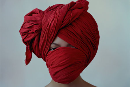 Mysterious woman with red fabric covering her head and face, evoking cultural themes and emotions. Unique fashion concept with a striking visual impact.の素材