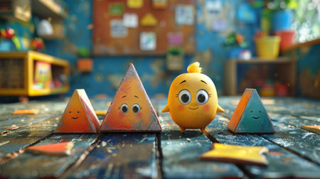 Cheerful cartoon characters including a yellow round figure and colorful geometric shapes, set in a vibrant childrens classroom. Playful and educational atmosphere.の素材