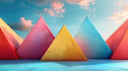 Colorful pyramids in a vibrant landscape under a bright sky, creating an abstract geometric scene with vivid hues and scenic clouds.の素材