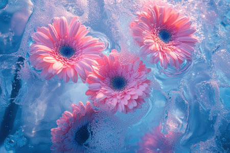 Beautiful pink gerbera daisies floating on serene blue water with gentle bubbles, creating a calming and vibrant nature scene.の素材