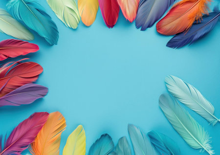 Vibrant colorful feathers arranged in a circular frame on a turquoise background, creating a playful and artistic atmosphere. Perfect for creative projects.の素材