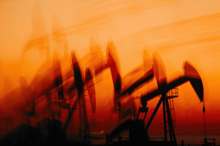 Abstract depiction of oil pumps in motion against a vibrant orange and red sunset, illustrating the dynamics of the energy industry and natural resources.の素材