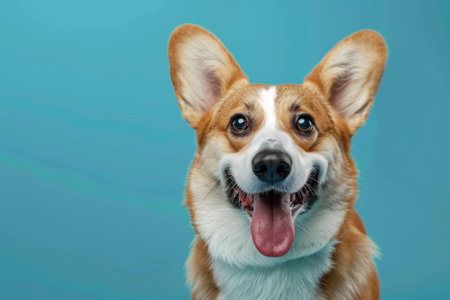 Cheerful Corgi dog with a big smile, facing the camera, showcasing bright eyes and a playful demeanor against a vibrant blue background.の素材