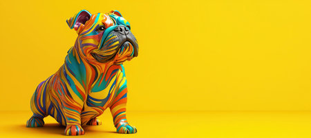 Colorful bulldog with vibrant swirls of blue, orange, and yellow, sitting confidently on a bright yellow background. Cheerful pet and animal concept.の素材